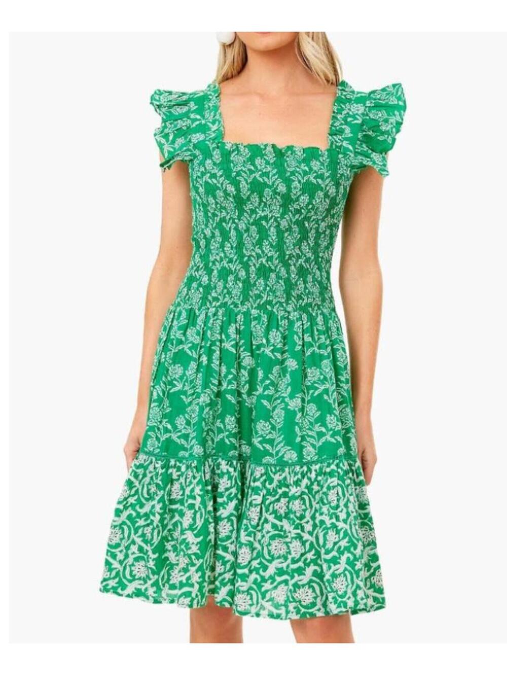 RO'S GARDEN green white shirred ruffle tiered mini dress sz XS